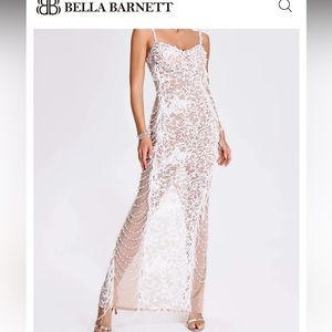 White, mesh, pearl, feather maxi dress